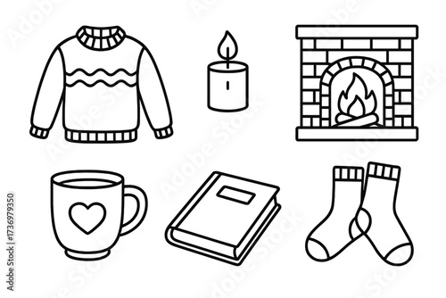 Cozy hygge winter elements icon set. Sweater, candle, hot drink mug, book, warm socks, and fireplace. Vector outline cartoon collection for comfort and relaxation at home.