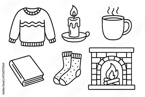 Cozy winter hygge elements set. Linear vector cartoon illustration. Sweater, candle, hot drink mug, book, warm socks, and fireplace. Autumn comfort and home relaxation.