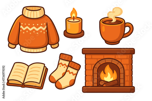Cozy winter essentials set. Hygge lifestyle concept. Warm sweater, hot drink, book, socks, candle and fireplace. Vector cartoon illustration for autumn season home comfort.