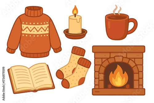 Cozy winter essentials vector icon set. Warm sweater, candle, hot drink, book, socks, fireplace. Cartoon illustration concept of hygge, comfort, warmth, and relaxation.