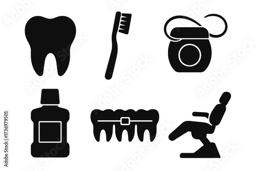 Dental care icon set. Tooth, toothbrush, floss, mouthwash, braces, dentist chair silhouettes. Vector graphics for dentistry, oral hygiene, and stomatology concepts.