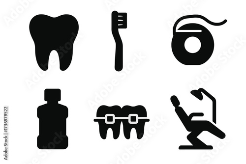 Dental care icon set. Tooth, toothbrush, floss, mouthwash, braces, dentist chair symbols. Stomatology and orthodontics concept. Oral hygiene and healthcare vector silhouettes.