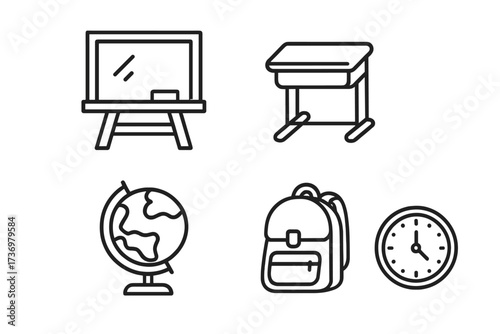 Education icons set in thin line art style. School supplies collection with chalkboard, desk, globe, backpack, clock. Vector illustration for back to school concepts.