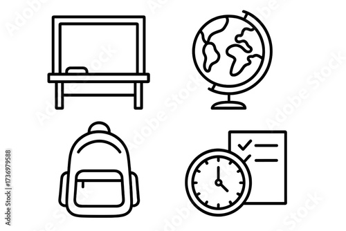 Education line icon set. School symbols collection. Includes chalkboard, globe for geography, backpack, and test time with a clock. Vector graphic for learning concepts.