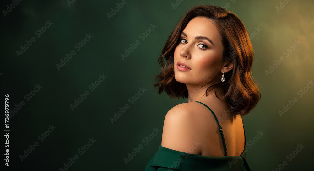 Naklejka premium An elegant portrait of a beautiful woman in a stylish green dress, looking over her shoulder, a perfect image for fashion, beauty, and sophistication