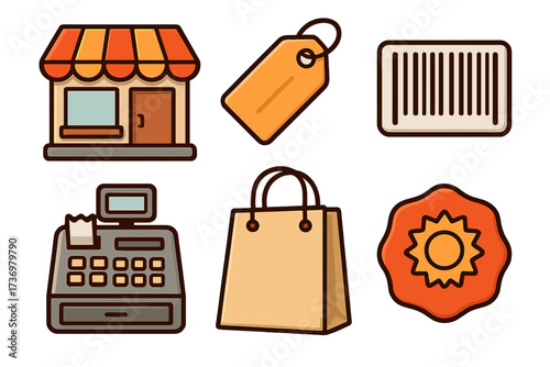 Retail and shopping icon set. Storefront, price tag, barcode, cash register, shopping bag, sale badge. Vector cartoon symbols for e-commerce, consumerism, payment, purchase.