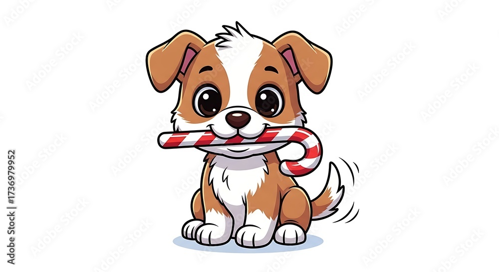 Obraz premium Cartoon puppy sitting with candy cane in mouth on a white background illustration of a cute dog