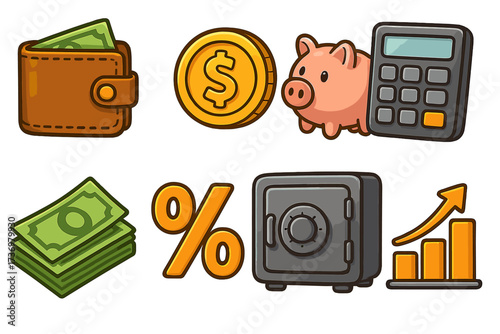 Finance icon set with wallet, coin, piggy bank, calculator, money, and safe. Vector cartoon illustration for concepts of savings, banking, investment, and financial growth.