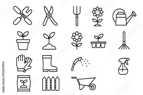 Gardening and horticulture line icon set. Garden tools, equipment, plants and flowers. Vector minimal illustration for farming, planting, and landscaping. Outline symbols.