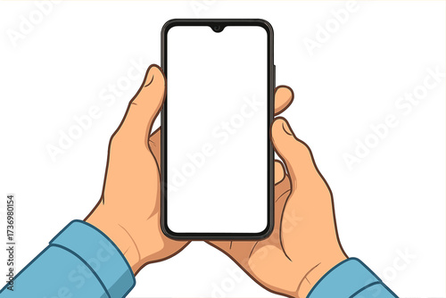 Hands holding phone. Smartphone mockup with a blank white screen. User point of view. Mobile device display for app presentation. Vector cartoon illustration isolated template.