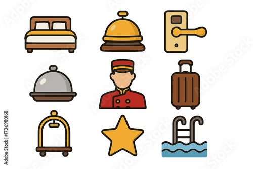 Hotel service icon set. Vector symbols for hospitality business. Flat cartoon illustration. Concierge, bell, luggage, bed, room service, pool, rating star. Travel and tourism.