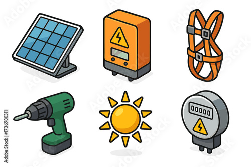 Isometric solar panel installation icon set. Vector collection of renewable energy items: inverter, safety harness, drill, sun symbol, and an electric consumption meter.