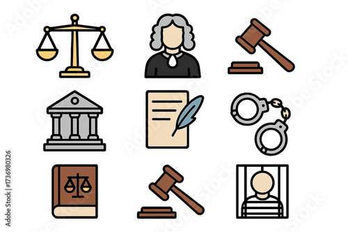 Legal and justice icons set. Flat linear symbols of law and order. Vector cartoon illustration. Judge, gavel, courthouse, handcuffs, prisoner, law book and scales of justice.