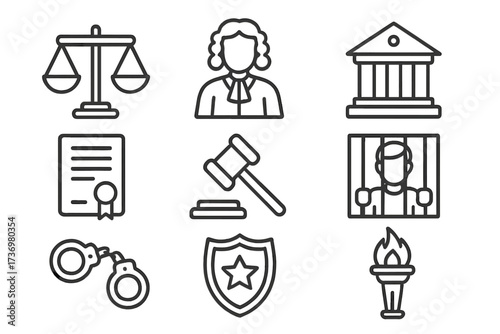 Legal and justice line icon set. Law, crime, and court symbols. Judge, gavel, courthouse, scales, police badge, handcuffs, prison. Vector pictogram collection for law firm.
