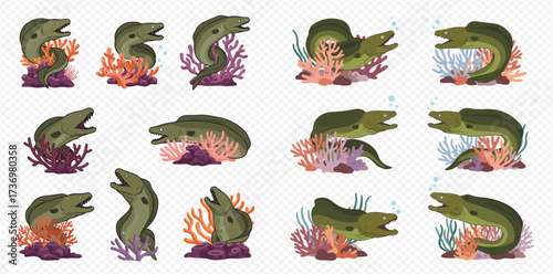 Collection of green moray eels illustrated in different poses among colorful coral reefs and underwater plants.