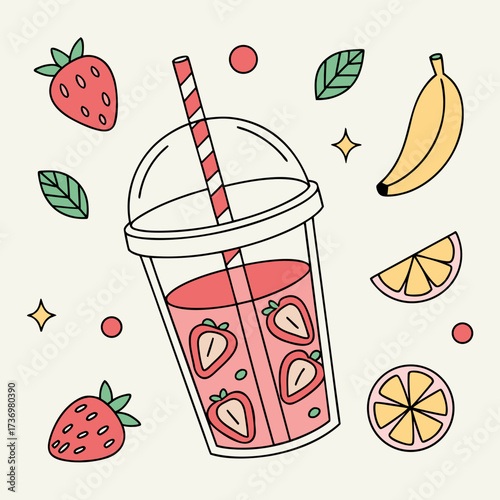 Refreshing strawberry banana smoothie illustration, vibrant colors, perfect for summer menus and healthy lifestyle promotions, originally created as scalable vector art