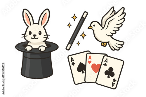 Magic show cartoon vector set. Cute rabbit in a top hat, magic wand, flying dove, and playing cards for illusionist performance. Isolated elements for circus or party design.