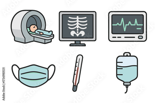 Medical icon set with MRI scan, x-ray, heart monitor, surgical mask, thermometer, IV drip. Vector illustration for healthcare, hospital, clinic, diagnostics and treatment.