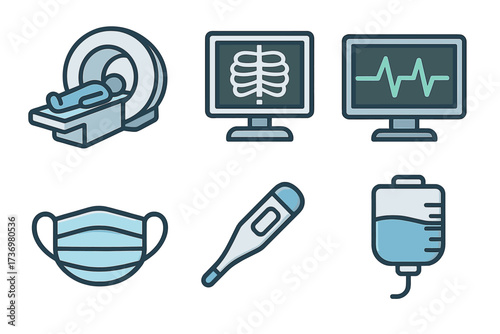 Medical icon set vector illustration. Healthcare and hospital elements. MRI scan, X-ray, ECG heart monitor, face mask, thermometer, IV drip. Clinic diagnostic signs.