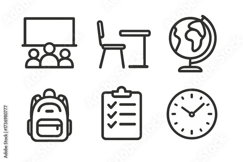 Minimalist education icon set. Vector line art of classroom, school desk, world globe, backpack, checklist, clock. Concepts for learning, study, geography, and time management.