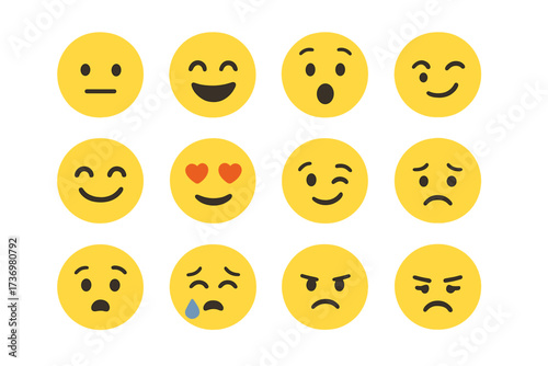 Emoji collection with many expressions. Vector emoticon set for social media and digital communication. Happy, sad, angry, love, and surprised yellow cartoon face icons.