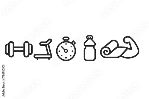 Fitness icon set. Dumbbell, treadmill, stopwatch, bottle, yoga mat, muscle. Minimalist gym workout outline icons. Sport, health, exercise, wellness and training vector symbols.