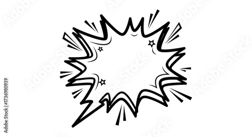Dynamic pop art comic explosion or speech bubble. Black and white hand-drawn starburst shape with copy space for text, isolated vector illustration