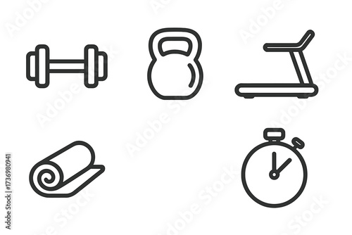 Minimalist gym and fitness line icon set. Vector cartoon illustration of dumbbell, kettlebell, treadmill, yoga mat, stopwatch. Health, sport, workout, training concepts.