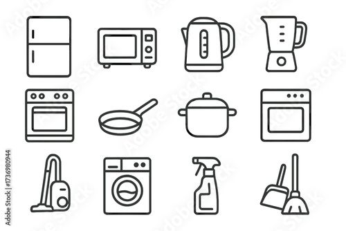 Minimalist home appliance icons. Modern kitchen and cleaning essentials vector line art set. Household equipment symbols like refrigerator, oven, vacuum and washing machine.