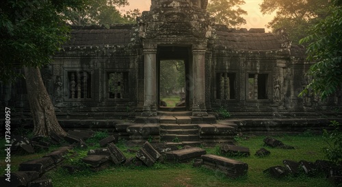 Ancient Angkor Temple Ruins at Sunrise