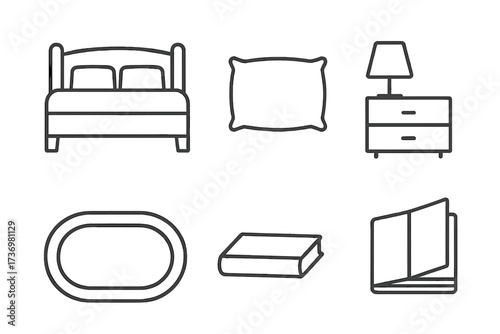 Bedroom furniture icon set. Minimalist line art. Bed, pillow, nightstand, lamp, rug, book. Simple vector cartoon illustration. Outline symbols for interior design concept.
