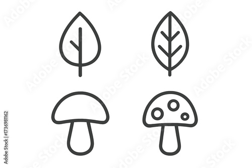 Set of minimalist leaf and mushroom icons in modern line art style. Vector nature symbols. Forest plant, organic food, champignon, amanita outline signs for web, app design.