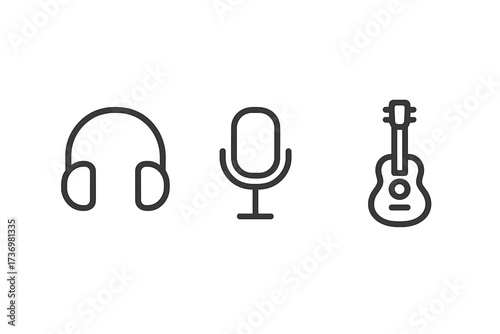 Minimalist music icon set featuring headphones, microphone, and guitar. Vector line art illustration. Symbols for audio, sound, podcast, recording studio, listen, song, and acoustic music.