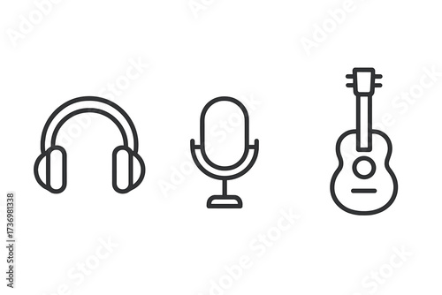 Minimalist music icons set. Vector line art illustration of headphones, microphone, guitar. Simple outline symbols for audio, podcast, sound recording, song, entertainment.