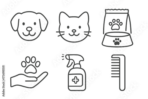 Pet care icon set. Vector line art symbols for vet, grooming, and pet shop. Includes dog, cat, food bowl, grooming comb, veterinary spray, and paw logo. Minimalist pictograms.