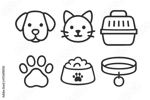 Pet care icon set. Minimalist outline symbols for veterinary or pet shop. Includes dog, cat, carrier, food bowl, paw print, and collar. Vector cartoon illustration.