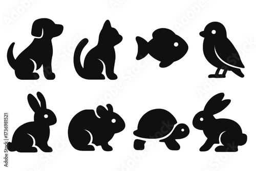 Pet animal silhouette collection. Minimalist black icon set with dog, cat, fish, bird, rabbit, hamster, turtle. Simple flat vector illustration. Cute domestic animal glyphs.