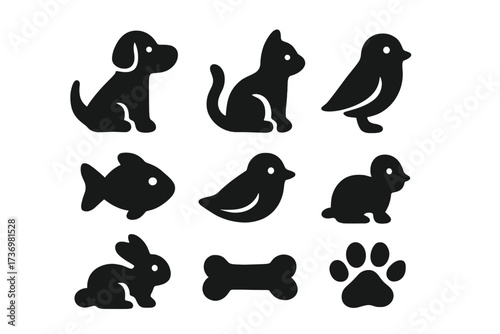 Pet animal black silhouette icon set. Vector cartoon collection of dog, cat, bird, fish, hamster, rabbit. Simple minimalist graphic elements for vet or pet shop logo.