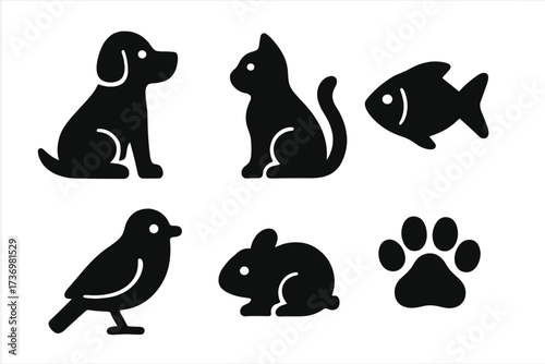 Pet silhouette icon set with dog, cat, fish, bird, and rabbit. Minimalist black vector graphic collection for vet clinic, pet shop, or animal shelter. Animal care concept.