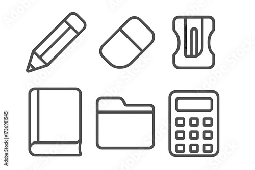 School and office supplies icon set. Minimalist linear design collection with pencil, eraser, sharpener, book, folder, and calculator. Simple outline vector illustration for education.