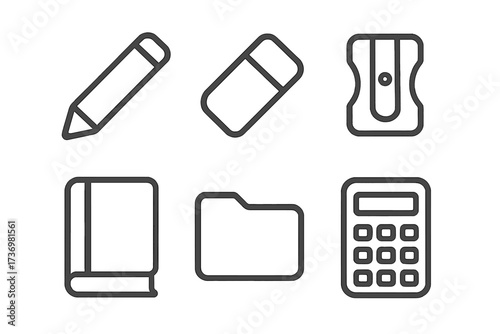 School supplies line icon set. Minimalist vector collection of pencil, book, calculator, folder, eraser, sharpener. Outline symbols for education, study, office, web, UI, UX.