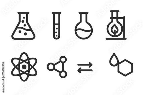 Minimalist science icon set. Vector line art of lab equipment for chemistry and physics research. Includes flask, test tube, atom, molecule, and chemical reaction symbols.