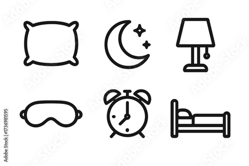 Sleep icons set. Night routine essentials. Minimalist outline symbols for bedtime, rest, dream. Vector collection of pillow, moon, lamp, alarm clock, sleeping mask, bed.