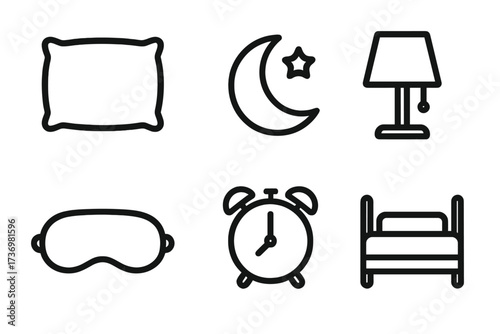 Sleep line icon set. Bedtime essentials collection. Minimalist vector graphic symbols of pillow, moon, lamp, alarm clock, eye mask, bed. Good night, sweet dreams, insomnia concept.