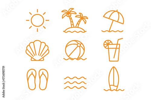 Summer beach icon set in minimalist line art style. Vector collection of simple outline symbols for vacation and travel. Sun, palm tree, island, umbrella, shell, cocktail, surf.
