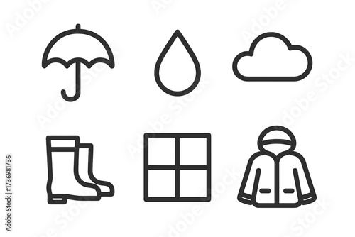 Rainy day weather icon set. Minimalist line art collection. Includes umbrella, cloud, raindrop, boots, jacket, window. Simple outline vector symbols for autumn season design.
