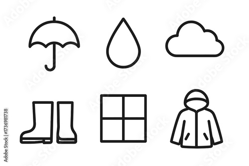 Rainy day weather icon set. Minimalist line art vector collection with umbrella, cloud, raindrop, boots, window, jacket. Outline pictogram symbols for autumn forecast design.