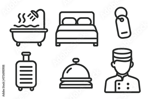 Hotel service icon set for travel and hospitality industry. Vector line art symbols for amenities, concierge, room service, booking, and accommodation. Minimalist design elements.