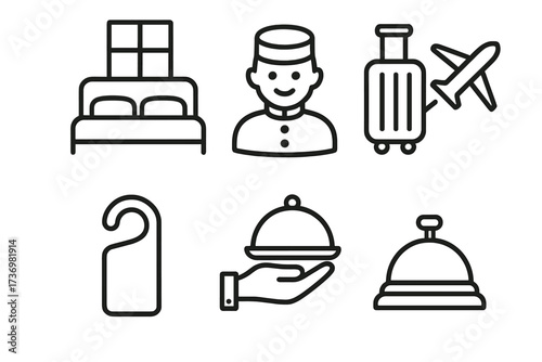 Modern hotel service icon collection. Minimalist line art for the hospitality industry. Vector symbols for amenities, travel, concierge, room service, reception bell, booking.