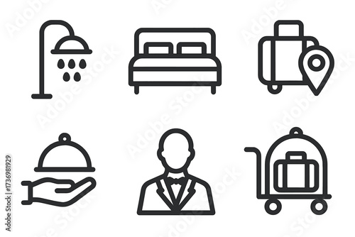 Hotel service icon set. Hospitality amenities for travel and tourism. Vector line art symbols for booking app. Concierge, room service, bellhop, bed and shower icons. Minimalist pictograms.